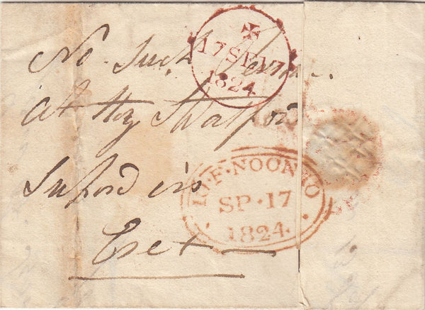 143694 1824 MAIL SHELTON (?) TO HARTSHORN, STRATFORD, BUCKS, REDIRECTED TO ESSEX, MANUSCRIPT 'No Such Person'.