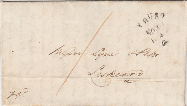 143695 1846 MAIL TRURO TO LISKEARD WITH 'TRURO/4' SKELETON TYPE DATE STAMP (CO357b).