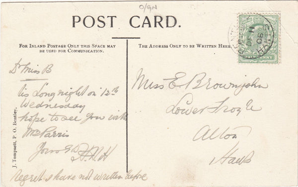 143696 1906 POSTCARD 'Bentley Post Office' TO ALTON, HANTS WITH 'BENTLEY/HANTS' DATE STAMP.