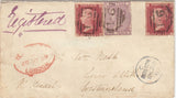 143704  1859 REGISTERED MAIL BOSTON, LINCS TO KENDAL, WESTMORLAND 1d (SG40) X 2 6D LILAC (SG68).