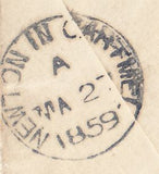 143704  1859 REGISTERED MAIL BOSTON, LINCS TO KENDAL, WESTMORLAND 1d (SG40) X 2 6D LILAC (SG68).