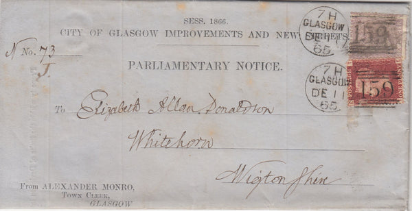 143705 1865 'PARLIAMENTARY NOTICE' REGISTERED MAIL GLASGOW TO WHITEHORN 1d (SG43) and 6d (SG104).