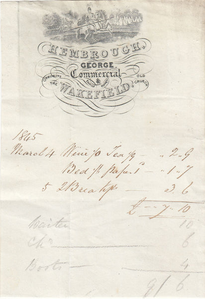 143707 CIRCA 1820 COACHING INN RECEIPT 'HEMBROUGH, GEORGE, COMMERCIAL WAKEFIELD'.