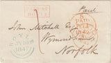 143708 1847 MAIL BOYLE, CO. ROSCOMMON, IRELAND TO NORFOLK WITH BOXED ' PAID AT/BOYLE' HANDSTAMP.