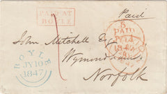 143708 1847 MAIL BOYLE, CO. ROSCOMMON, IRELAND TO NORFOLK WITH BOXED ' PAID AT/BOYLE' HANDSTAMP.