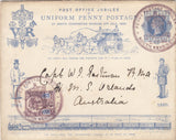 143712 1890 PENNY POSTAGE JUBILEE ENVELOPE SOUTH KENSINGTON EXHIBITION TO AUSTRALIA UPRATED WITH 5d JUBILEE (SG207a).