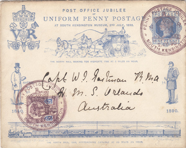 143712 1890 PENNY POSTAGE JUBILEE ENVELOPE SOUTH KENSINGTON EXHIBITION TO AUSTRALIA UPRATED WITH 5d JUBILEE (SG207a).