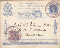 143712 1890 PENNY POSTAGE JUBILEE ENVELOPE SOUTH KENSINGTON EXHIBITION TO AUSTRALIA UPRATED WITH 5d JUBILEE (SG207a).