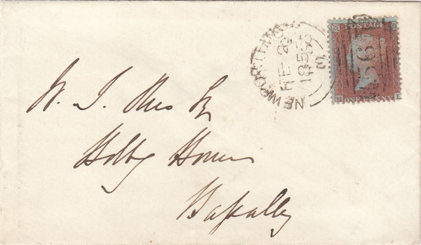 143714 1856 MAIL NEWPORT, MONMOUTH TO BASSALEG DIE 2 1d PL.21 S.C.14 (SG24)(BL).