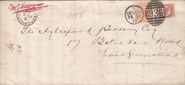 143715 1877 REGISTERED MAIL CROYDON, SURREY TO EAST GRINSTEAD 4d VERMILION (SG152) ½d PL.11 (SG43), REGISTERED PRINTED PAPER RATE.