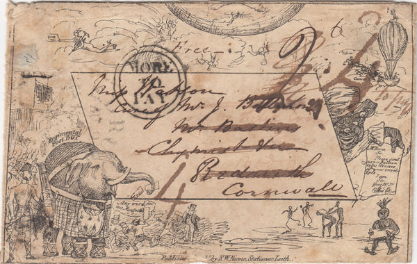 143730 1841 R W HUME CARICATUE No.3 'ELEPHANT IN A KILT, GOOD USED LONDON TO REDRUTH, CORNWALL THENCE REDIRECTED TO BODMIN AND SURCHARGED.