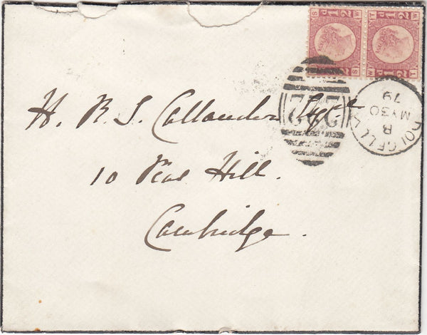 143731 1879 ENVELOPE DOLGELLY, MERIONETHSHIRE TO CAMBRIDGE ½d PLATE ELEVEN (SG48) X 2.