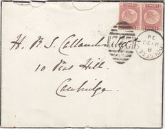 143731 1879 ENVELOPE DOLGELLY, MERIONETHSHIRE TO CAMBRIDGE ½d PLATE ELEVEN (SG48) X 2.