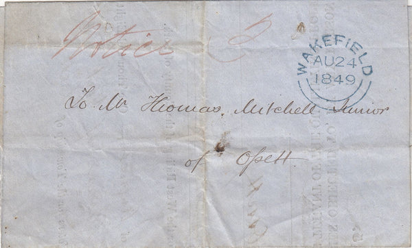 143733 1849 'NOTICE OF OBJECTION' USED LOCALLY IN WAKEFIELD POST PAID IN CASH.