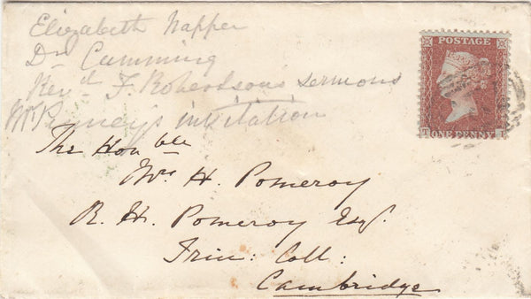 143734 1855 MAIL SOUTH PETHERTON, DEVON TO TRINITY COLLEGE CAMBRIDGE DIE 2 1d PL.6 (SPEC C6).