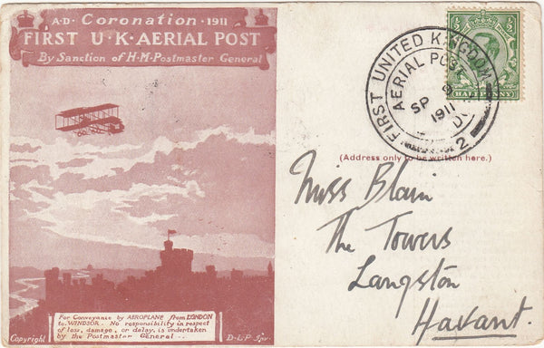 143736 1911 FIRST OFFICIAL U.K. AERIAL POST LONDON POSTCARD IN RED-BROWN TO HAVANT.