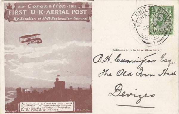 143737 1911 FIRST OFFICIAL U.K. AERIAL POST LONDON POSTCARD IN BROWN TO DEVIZES.