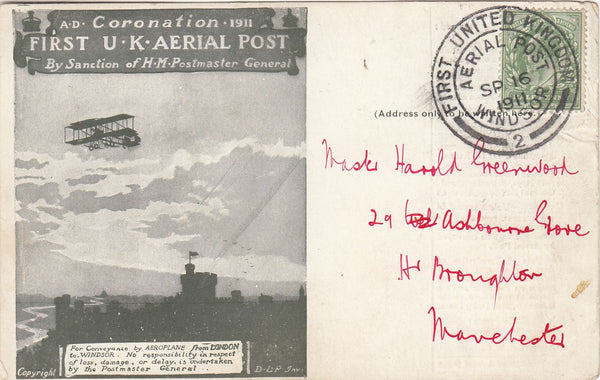 143738 1911 FIRST OFFICIAL U.K. AERIAL POST LONDON POSTCARD IN OLIVE-GREEN POSTED FROM WINDSOR TO MANCHESTER.
