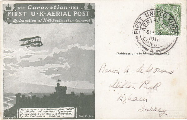 143739 1911 FIRST OFFICIAL U.K. AERIAL POST LONDON POSTCARD IN OLIVE-GREEN TO THE WELL KNOWN STAMP COLLECTOR 'Baron A de Worms'  IN SURREY.
