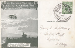 143739 1911 FIRST OFFICIAL U.K. AERIAL POST LONDON POSTCARD IN OLIVE-GREEN TO THE WELL KNOWN STAMP COLLECTOR 'Baron A de Worms'  IN SURREY.