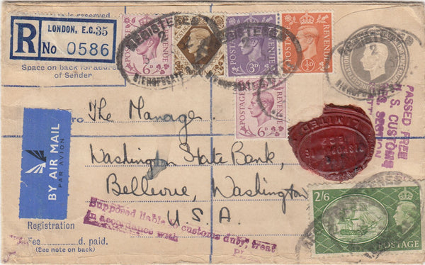 143740 1952 KGVI 8½d GREY REGISTERED ENVELOPE REGISTERED AIRMAIL LONDON TO WASHINGTON, U.S.A. VARIOUS KGVI INCL 2/6 YELLOW-GREEN (SG509).