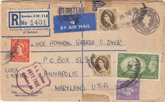143741 1955 Q.E.II 8½d GREY REGISTERED ENVELOPE AIRMAIL LONDON TO MARYLAND, U.S.A. MIXED REGINS USAGE INCL KGVI  2/6 YELLOW-GREEN (SG509).