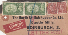 143742 1953 PARCEL TAG 'EXPRESS' MAIL LONDON TO EDINBURGH KGVI 2d (SG506) X 2 AND 2/6 YELLOW-GREEN (SG509) X 2.