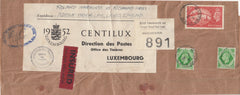 143743 1952 INSURED MAIL MANCHESTER TO LUXEMBOURG KGVI 7d (SG471) X 2 AND 5s RED (SG510).
