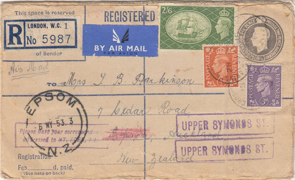 143745 1953 REGISTERED AIRMAIL LONDON TO AUCKLAND, NEW ZEALAND KGVI STAMPS INCL 2/6 YELLOE-GREEN (SG509).