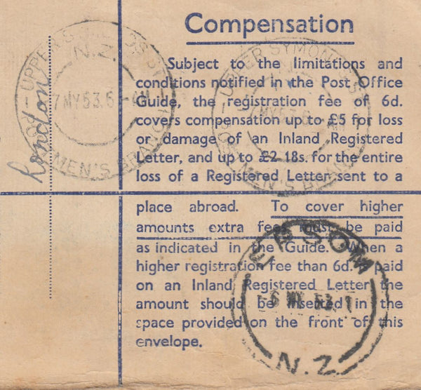 143745 1953 REGISTERED AIRMAIL LONDON TO AUCKLAND, NEW ZEALAND KGVI STAMPS INCL 2/6 YELLOE-GREEN (SG509).