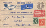 143746 1955 Q.E.II 8½d GREY REGISTERED ENVELOPE AIRMAIL SOUTHEND ON SEA, ESSEX TO NEW ZEALAND UPRATED KGVI 5s RED (SG510) Q.E.II. WILDINGS ½d AND 9d.