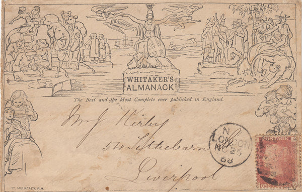 143753 1868 'WHITAKER'S ALMANACK' MULREADY IMITATION, FRONT ONLY LONDON TO LIVERPOOL 1d PL.115 (SG43).