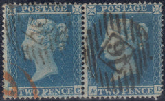 143775 1854 2d BLUE PL.4 S.C.16 (SG19) PAIR LETTERED AC AD IN STATE TWO (SPEC F1h) GOOD USED.