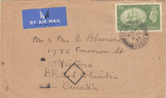 143787 1953 MAIL SEDBERGH, WEST YORKS TO VICTORIA, CANADA KGVI 2/6 YELLOW-GREEN (SG509).