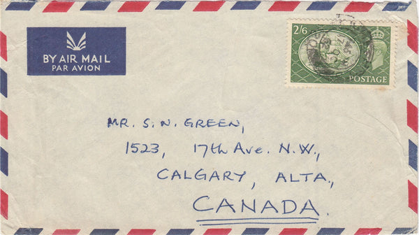 143788 1852 AIRMAIL SHEFFIELD TO CALGARY, CANADA KGVI 2/6 YELLOW-GREEN (SG509).