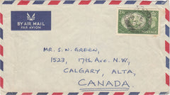 143788 1852 AIRMAIL SHEFFIELD TO CALGARY, CANADA KGVI 2/6 YELLOW-GREEN (SG509).
