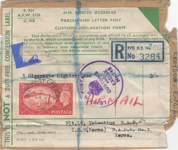 143789 1950? PARCEL LABEL H.M. FORCES OVERSEAS IN KOREA SENT REGISTERED AIRMAIL TO CROYDON KGVI 5s RED (SG510).