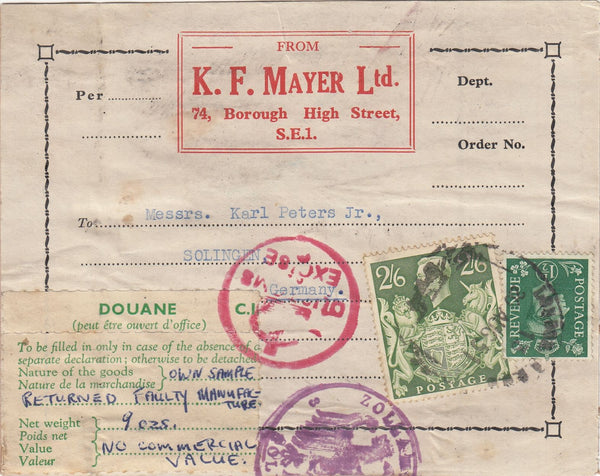 143790 1951 PARCEL ADDRESS LABEL LONDON TO SOLINGEN, GERMANY KGVI 1½d AND 2/6 YELLOW-GREEN (SG476b).