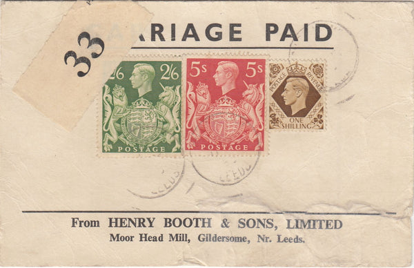 143791 1953 PARCEL LABEL LEEDS TO OVERSEAS KGVI 1s, 2/6 YELLOW-GREEN (SG376b) AND 5s RED (SG477).