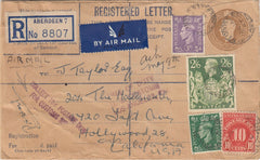 143792  1949 REGISTERED ENVELOPE AIRMAIL ABERDEEN TO HOLLYWOOD, U.S.A. UPRATED KGVI ½d 3d AND FINE 2/6 YELLOW-GREEN (SG476b).