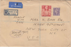 143794 1948 REGISTERED AIRMAIL LONDON TO NEW YORK, U.S.A. KGVI 3d AND FINE 5s RED (SG477).