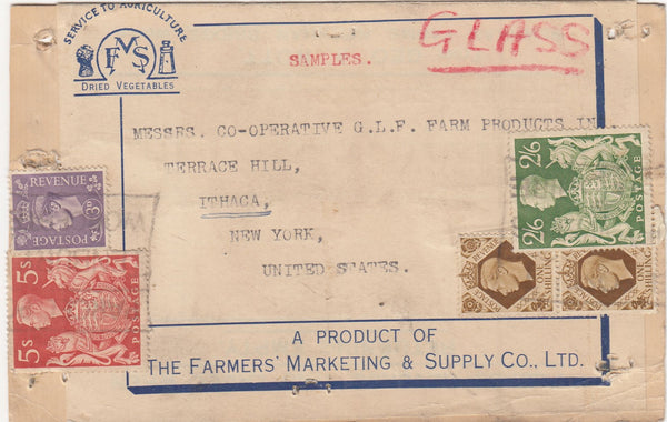 143798 CIRCA 1948-49 PARCEL TAG CONTAINING 'SAMPLES' AND LABELLED 'GLASS'  FROM TENBURY, WORCS TO U.S.A.KGVI STAMPS INCL 2/6 YELLOW-GREEN (SG476b) AND 5s RED (SG477).