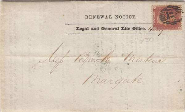 143799 1856 MAIL 'ASSURANCE RENEWAL NOTICE'LONDON TO MARGATE 1d (SG29).