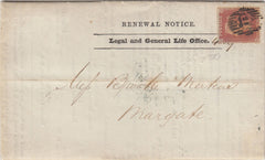 143799 1856 MAIL 'ASSURANCE RENEWAL NOTICE'LONDON TO MARGATE 1d (SG29).