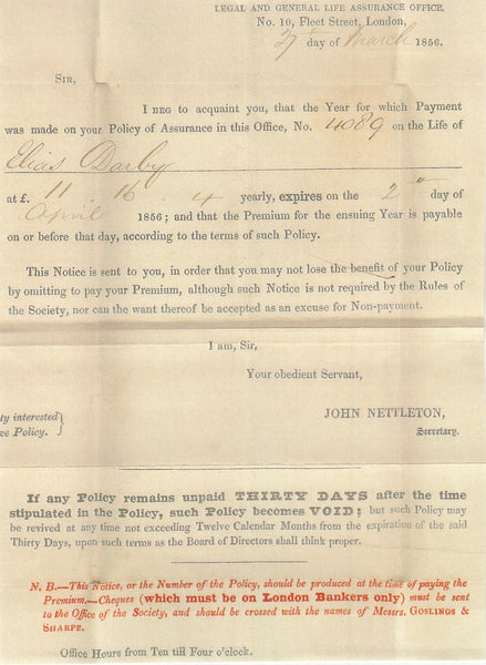 143799 1856 MAIL 'ASSURANCE RENEWAL NOTICE'LONDON TO MARGATE 1d (SG29).