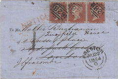 143803 1854 NOTICE OF OBJECTION PRESTON TO LONDON REDIRECTED TO ILFRACOMBE 1d (SG17) X 3 AND 'NOTICE' HANDSTAMP IN RED.