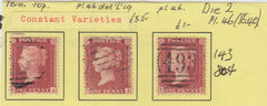 143804 1857 DIE 2 1d PL.46 (SG40) FINE GROUP TEN ITEMS INCL 'LI' RE-ENTRY.