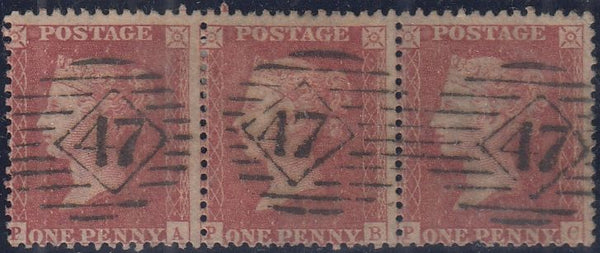 143805 1857 DIE 2 1d PL.48 (SG40) USED MULTIPLES INCL PAIR, STRIP OF THREE AND STRIP OF FIVE.