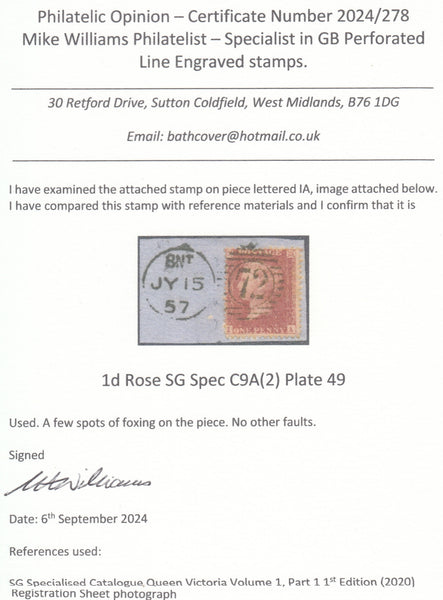 143806 1857 DIE 2 1d PL.49 'SAVOY STREET' PRINTING ROSE SHADE (SPEC C9A(2) ON DATED PIECE