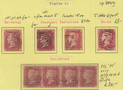 143809 1857 DIE 2 1d PL.42 (SG40) USED GROUP STRIP OF FOUR AND FOUR SINGLES WITH CONSTANT VARIETIES.